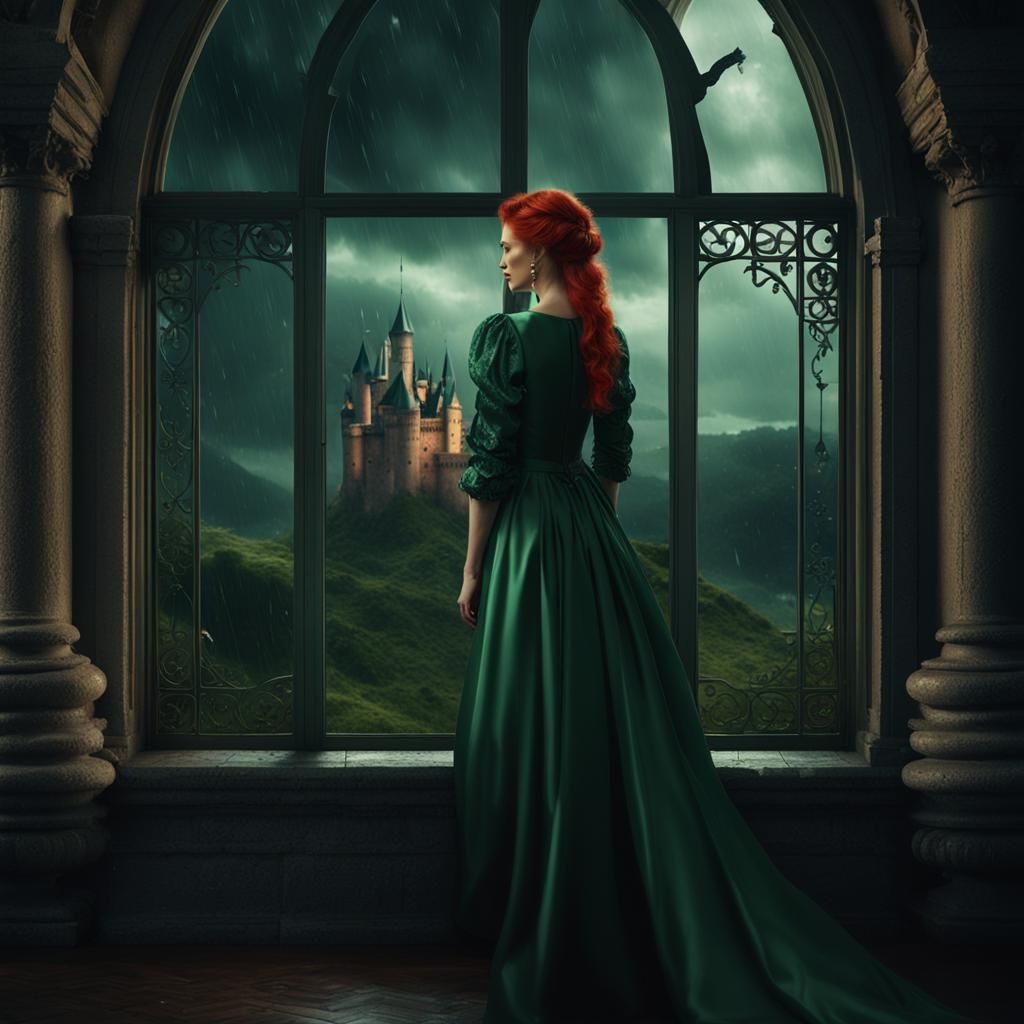 Red-Haired Woman Watching Rainy Night, Cinematic Matte Paint...
