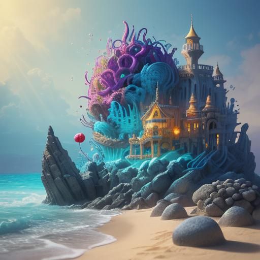 Angry Egg Assaults Sandcastle: Candy Art Beach Scene