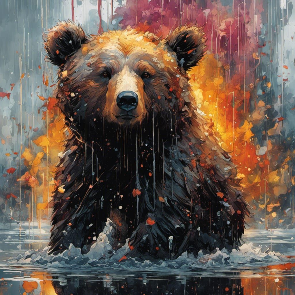 Cute Bear Cub in Rain, Digital Art