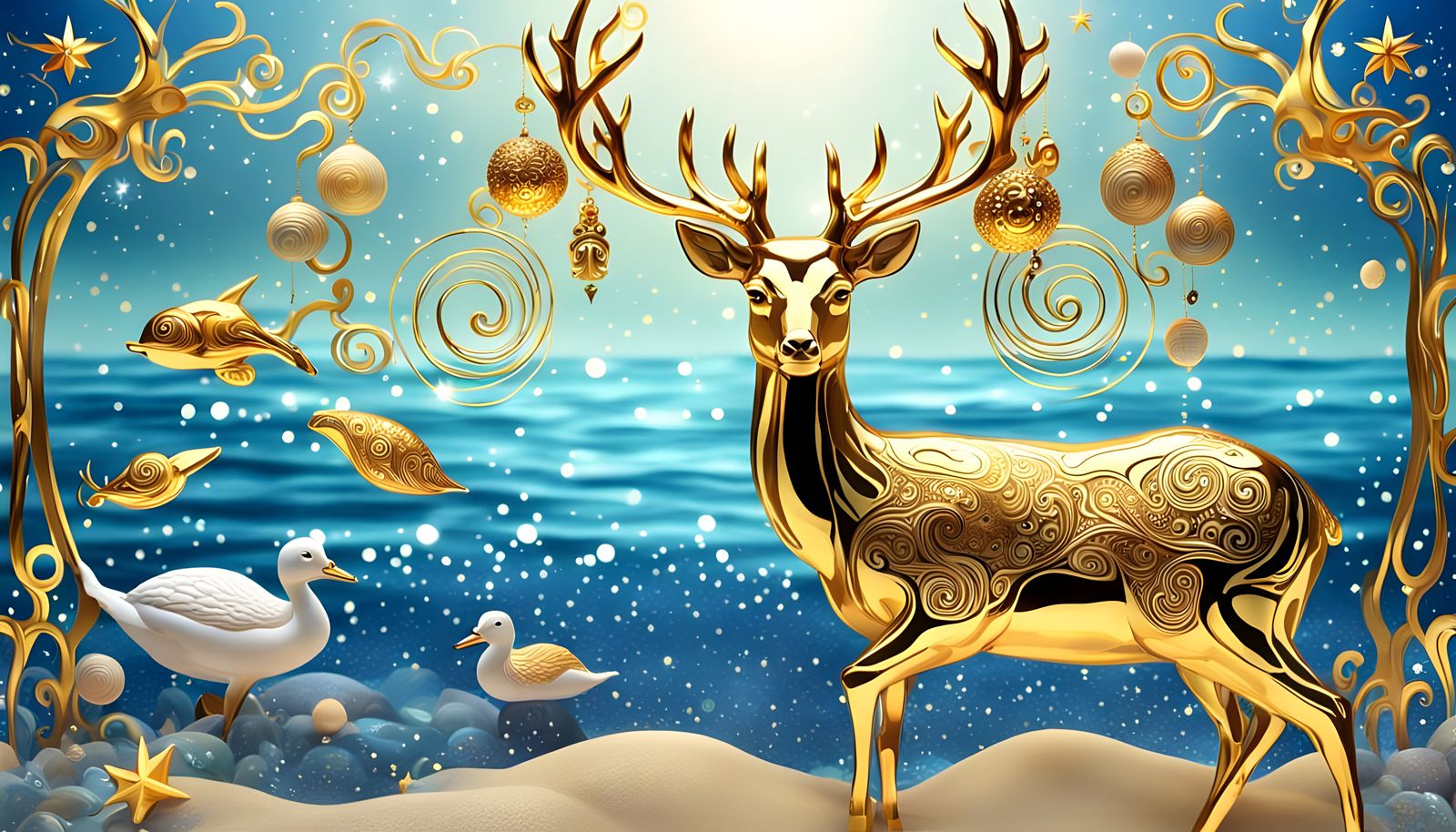 Golden Deer on Beach in Art Nouveau Style