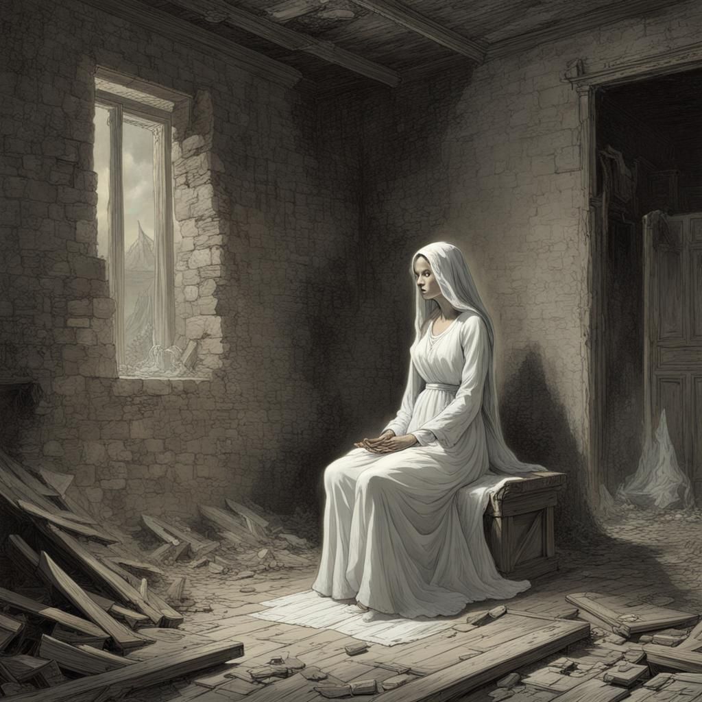 Ghostly Woman Meditating in Ruined House: Gothic Horror
