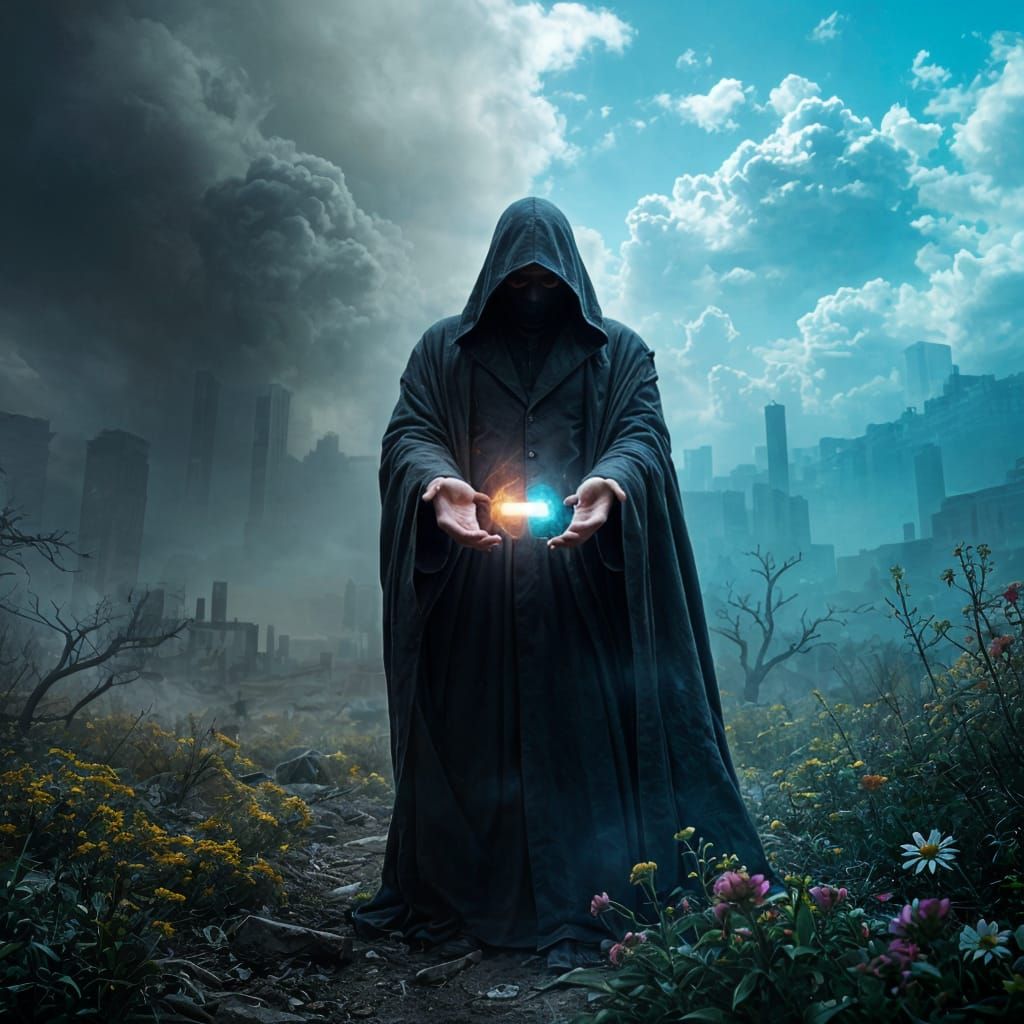 Shadowy Figure Holding Balance of Worlds