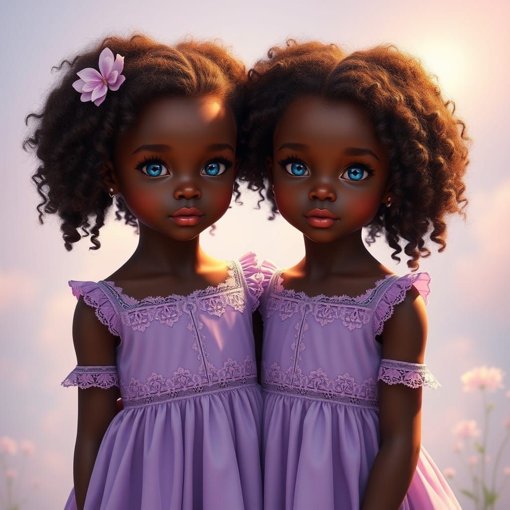 Ebony Twins in Violet Spring Dresses Pose in Whimsical Setti...