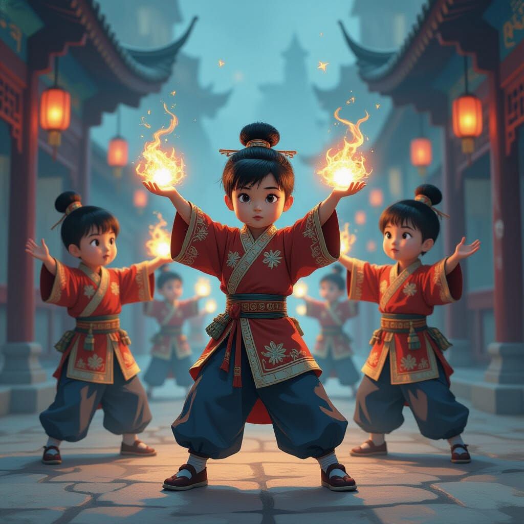 Chinese Boys Casting Spells in Fantasy Environment
