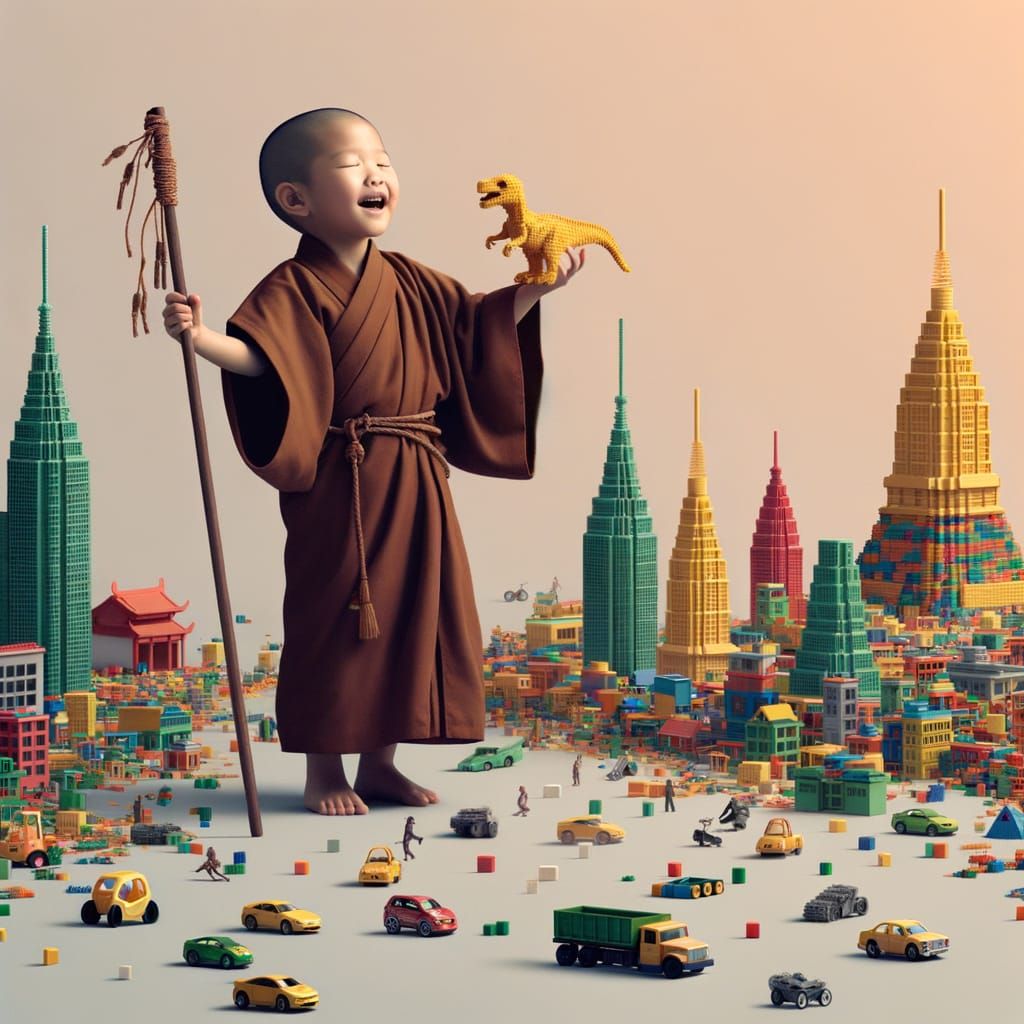 Asian Girl Plays with Toy City in Buddhist Monk's Robe