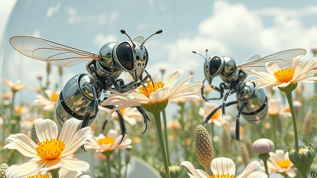 Cybernetic Bees Harvest Nectar in Futuristic Garden