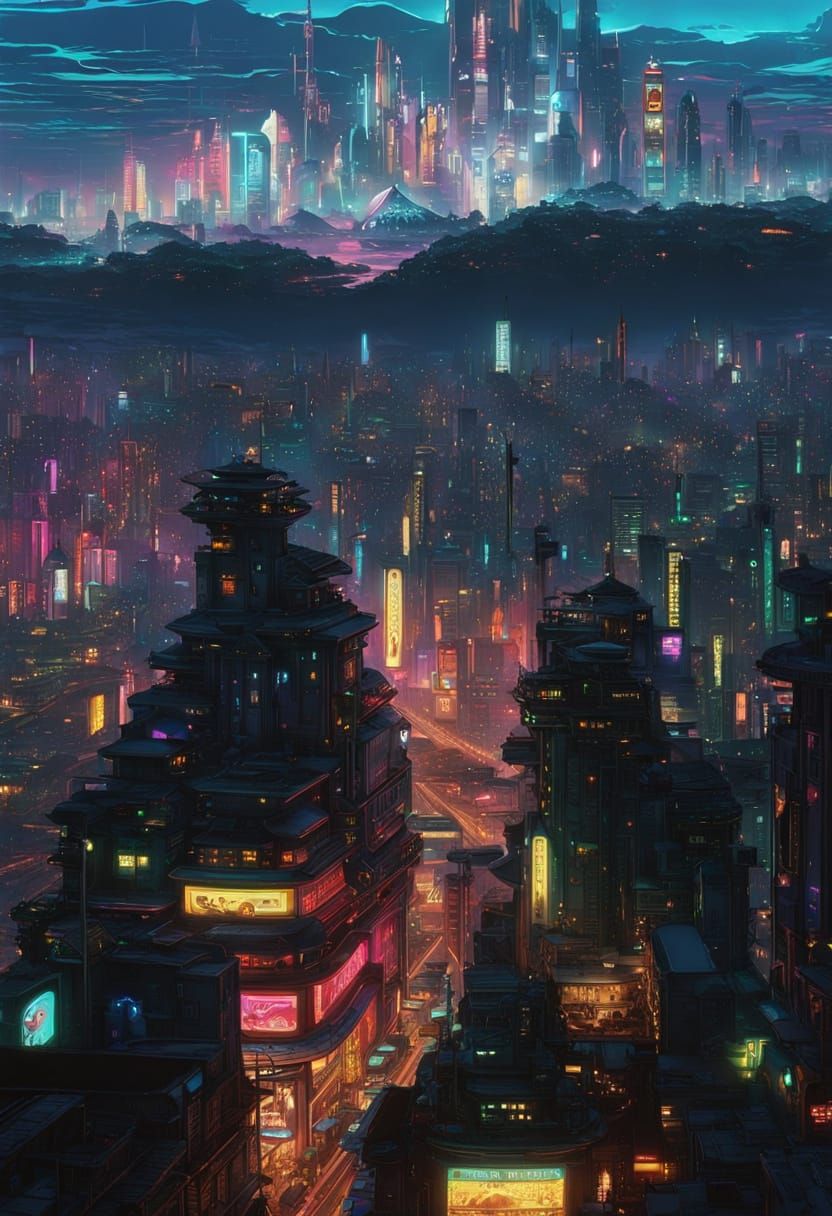 Cyberpunk Metropolis at Night: Neon and Skyscrapers