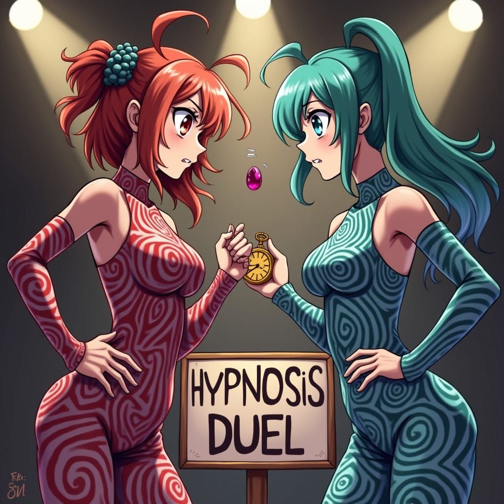 Confident Women Engage in Hypnosis Duel Under Stage Lights