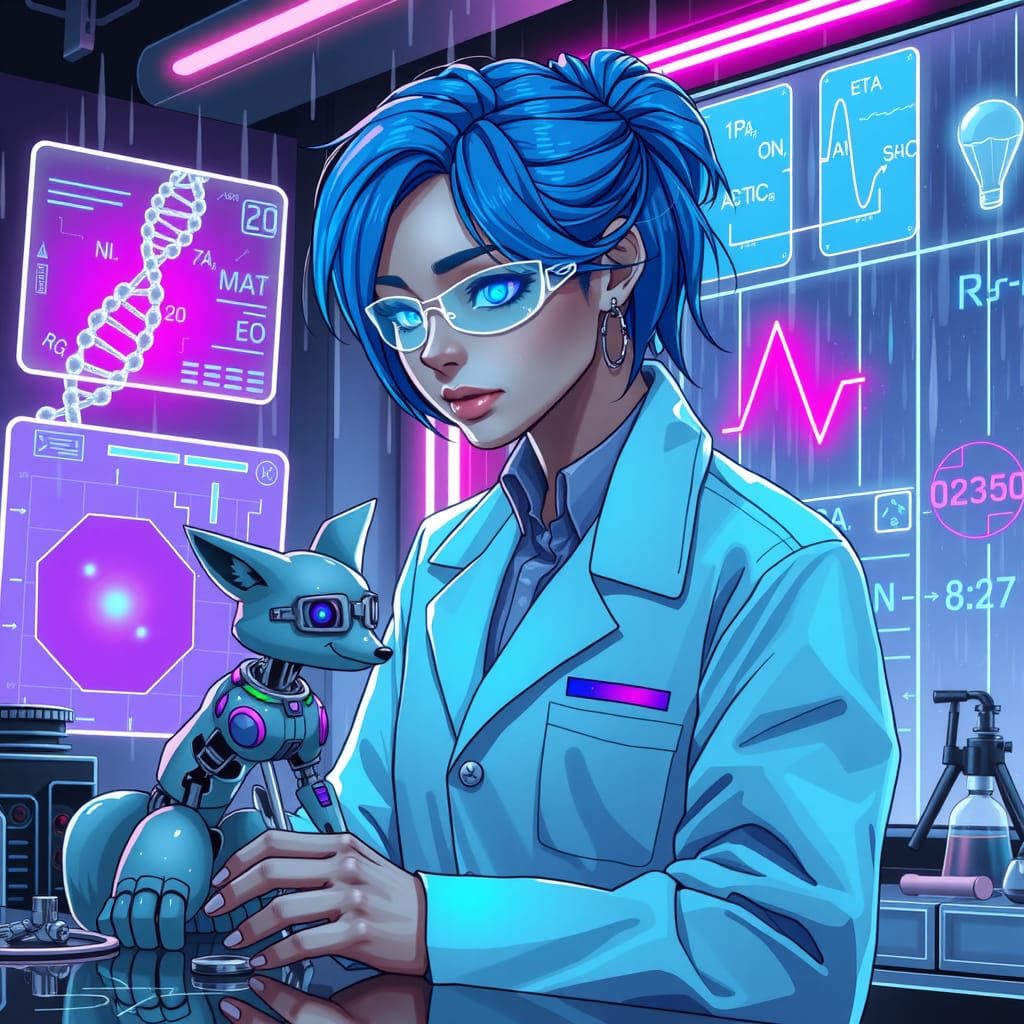 Glowing Scientist and Her Robotic Fox Assistant in Futuristi...