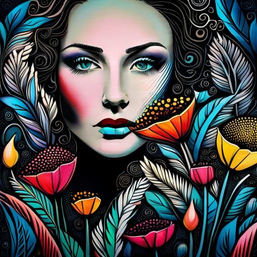 Intricate Floral Fantasy in Mixed Media Style