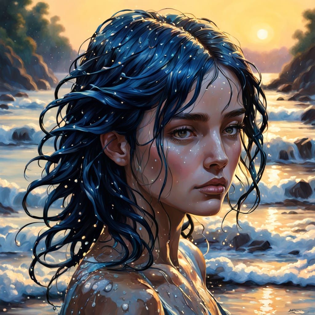 Girl on Shore with Flowing Water, Oil Painting