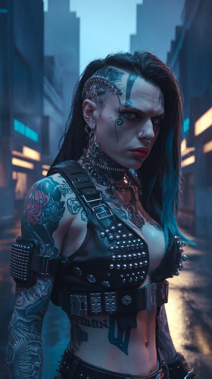Punk Rock Cyborg in Cyberpunk Cityscape