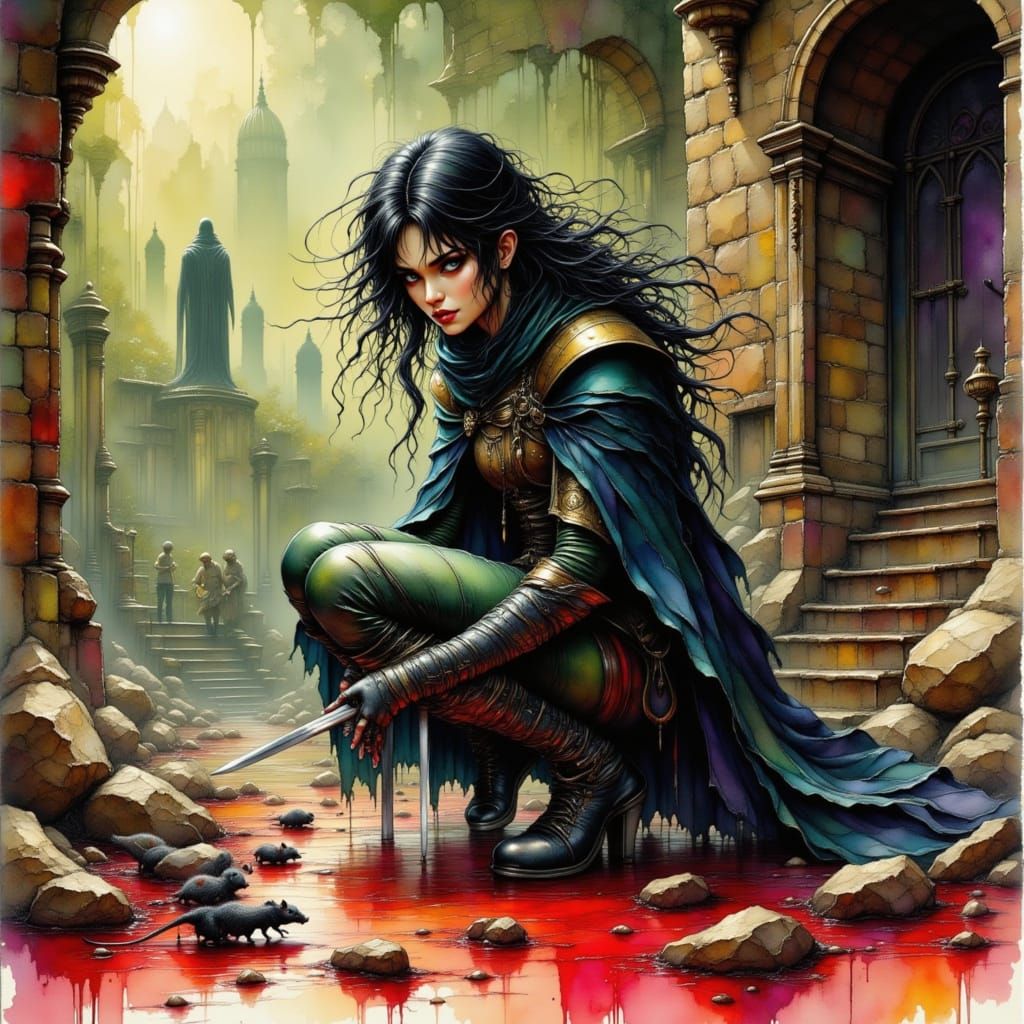 Elara Crouched in Filthy Underbelly with Silver Dagger