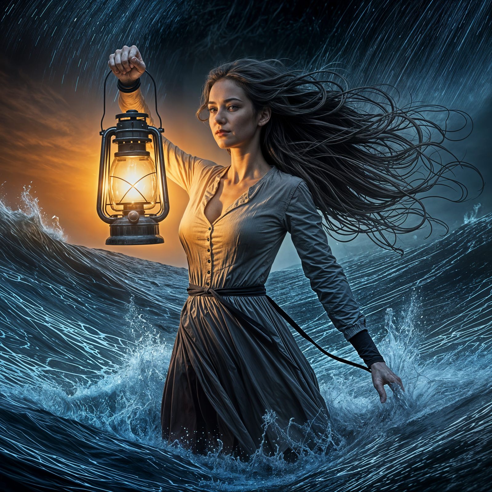 A Strong Woman Braves the Turbulent Stormy Sea