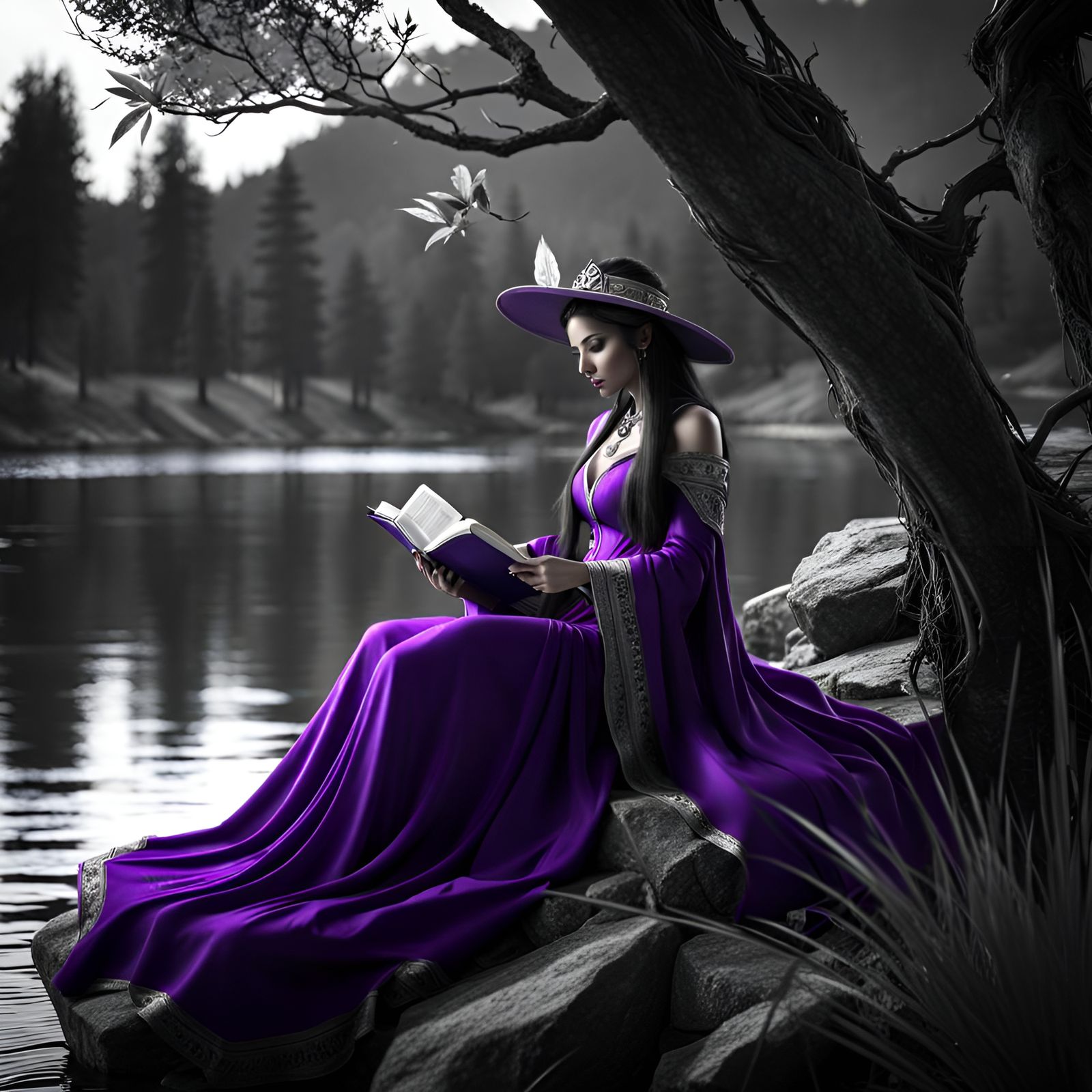 Monochrome Sorceress Reading by River in 3D Cinematic Style