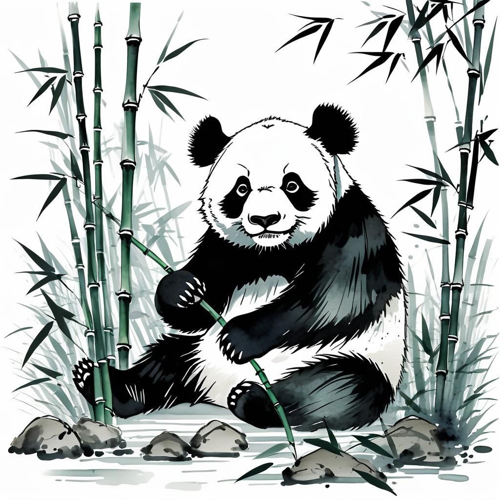 Panda in Bamboo: Chinese Brush and Ink Illustration