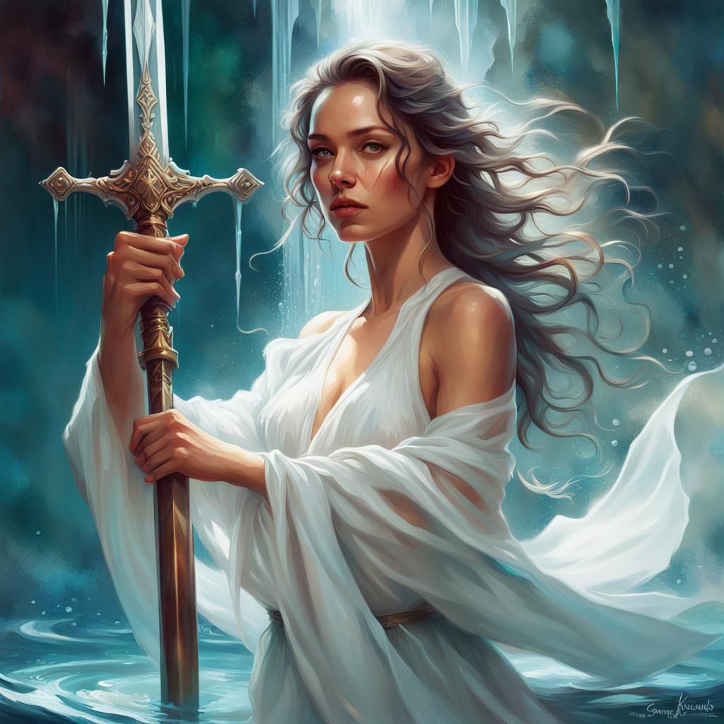 portrait of a beautiful woman wearing a white dress, holding a sword, drenched body, wet dripping hair, emerging from th...
