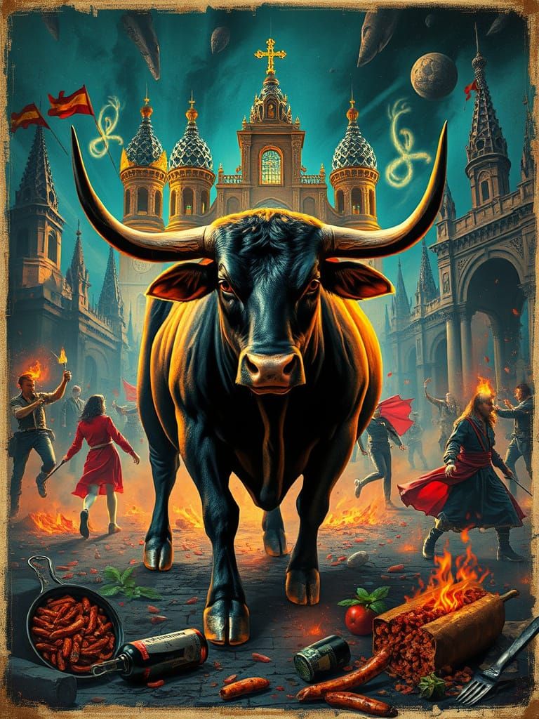 Surreal Spanish Bull in Biomechanical Vintage Poster Art
