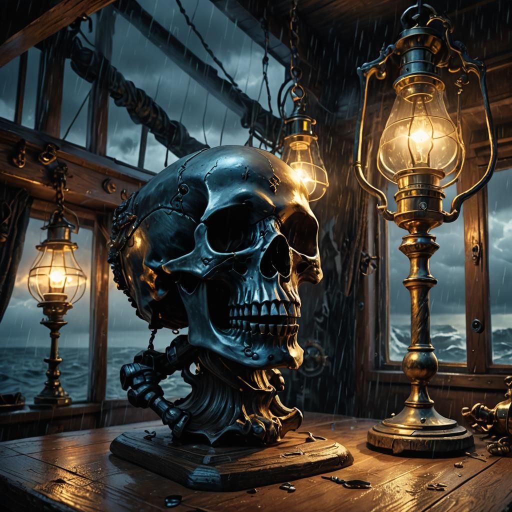 Skull Lamp on Pirate Ship in Dark Fantasy Style