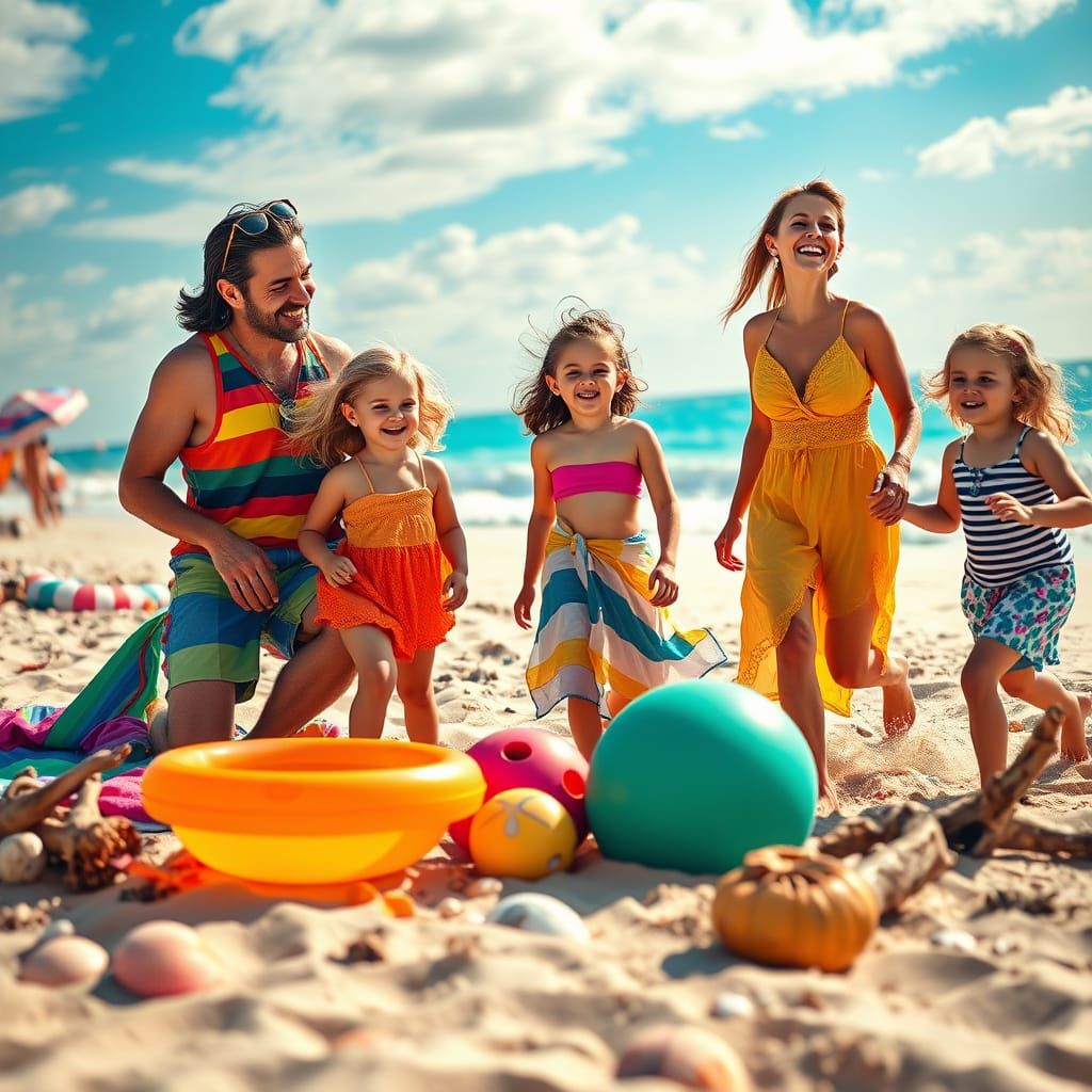 Family Beach Scene in Vibrant Hyperrealism