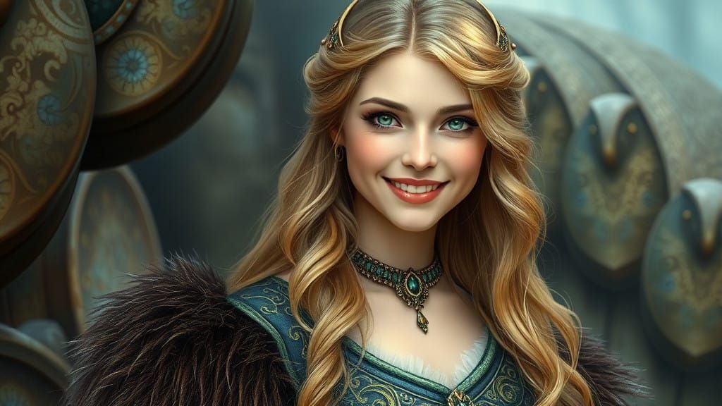 Viking Goddess Woman with Golden Hair and Mint Green Eyes