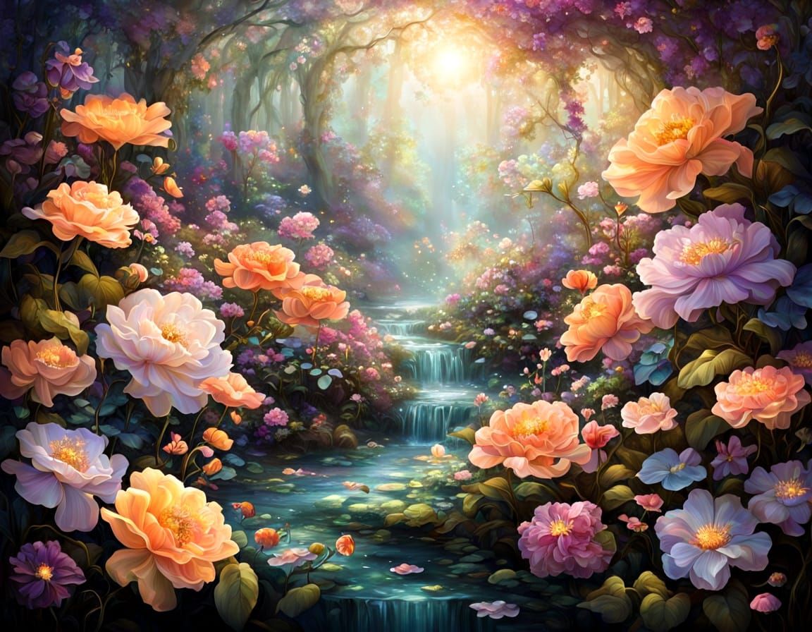 Magical Garden of Enchanted Blossoms and Ethereal Light