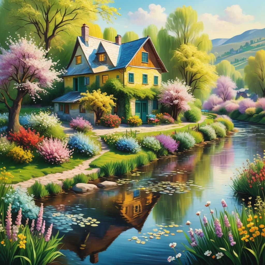 Idyllic Country House Landscape in Spring Colors