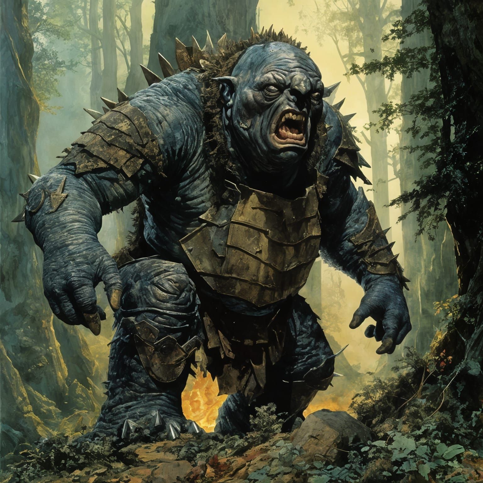 <lora:Troll:1.0> in plate spiked armor , by Richard Michael ...