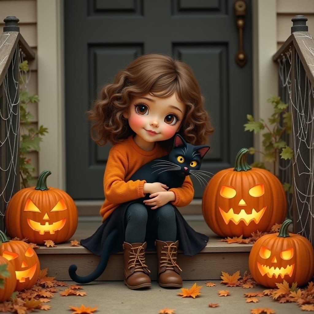 Halloween Girl with Black Cat, Storybook Illustration