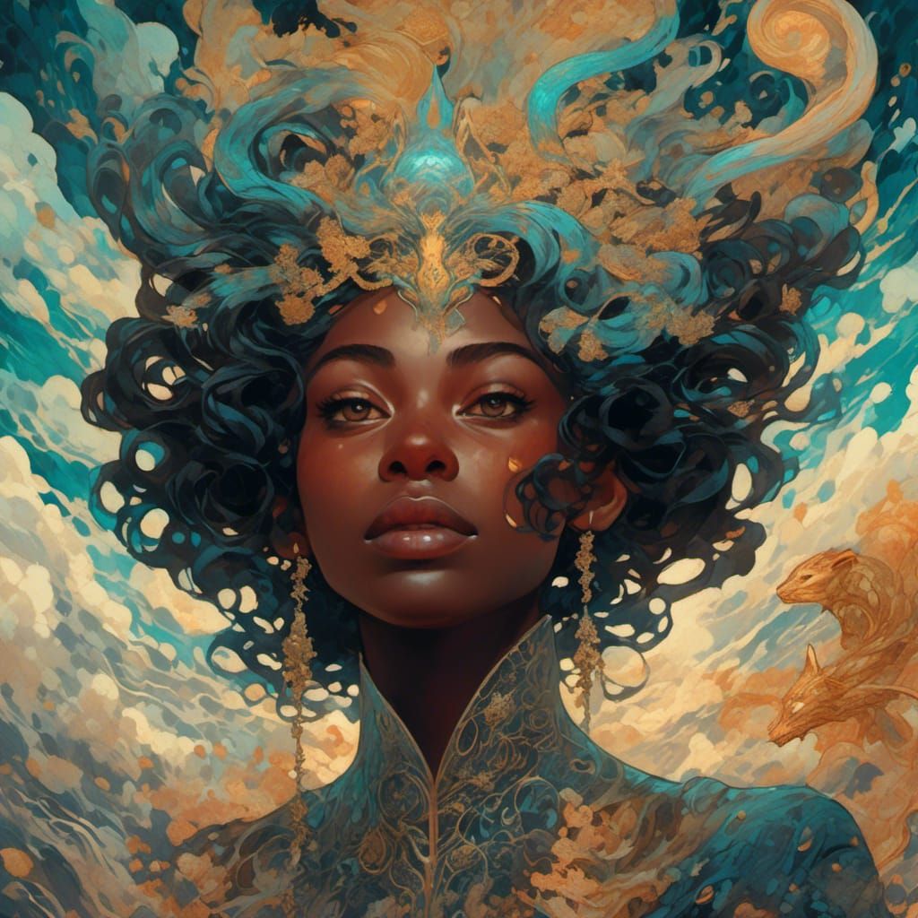 Grieving Woman with Iridescent Abstract Swirls