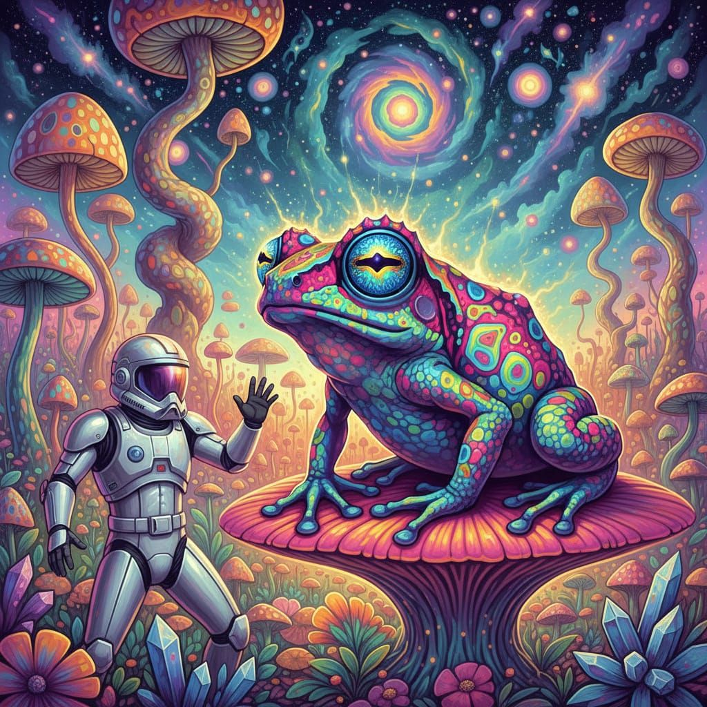 Alien Frog Meets Space Trooper in Psychedelic Landscape