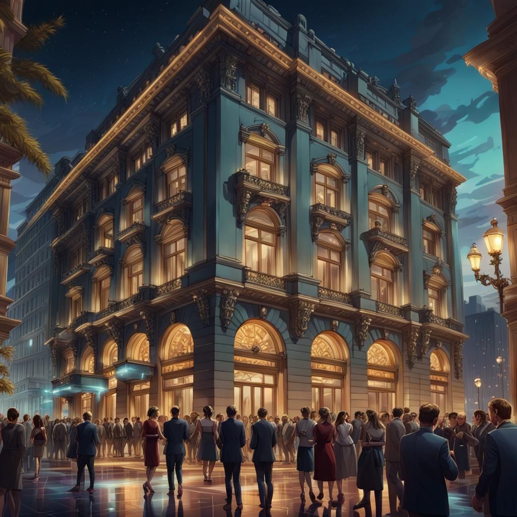 Sophisticated Building Exterior at Night, Hyperrealistic Art