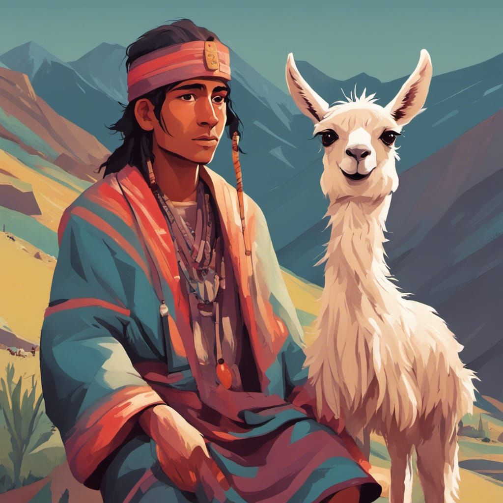Inca Shepherd and Llama Illustration