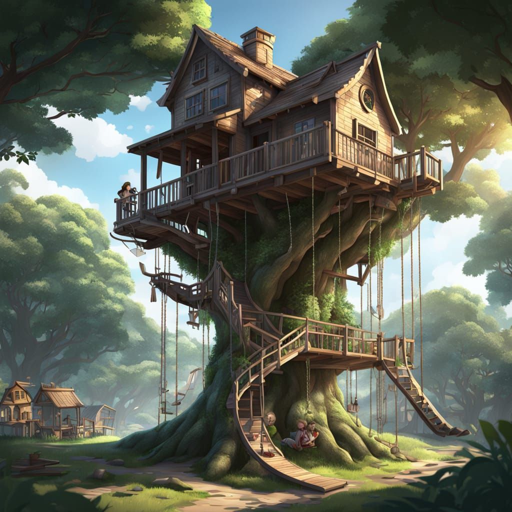 Whimsical Treehouse Playground for Kids in Anime-Inspired 3D