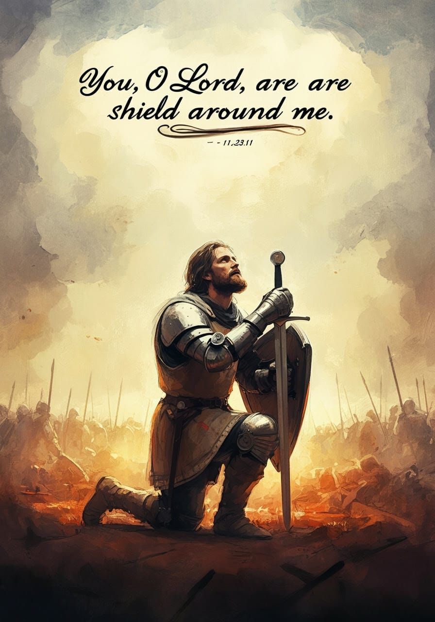 Knight in Contemplation, Shield and Sword on Battlefield