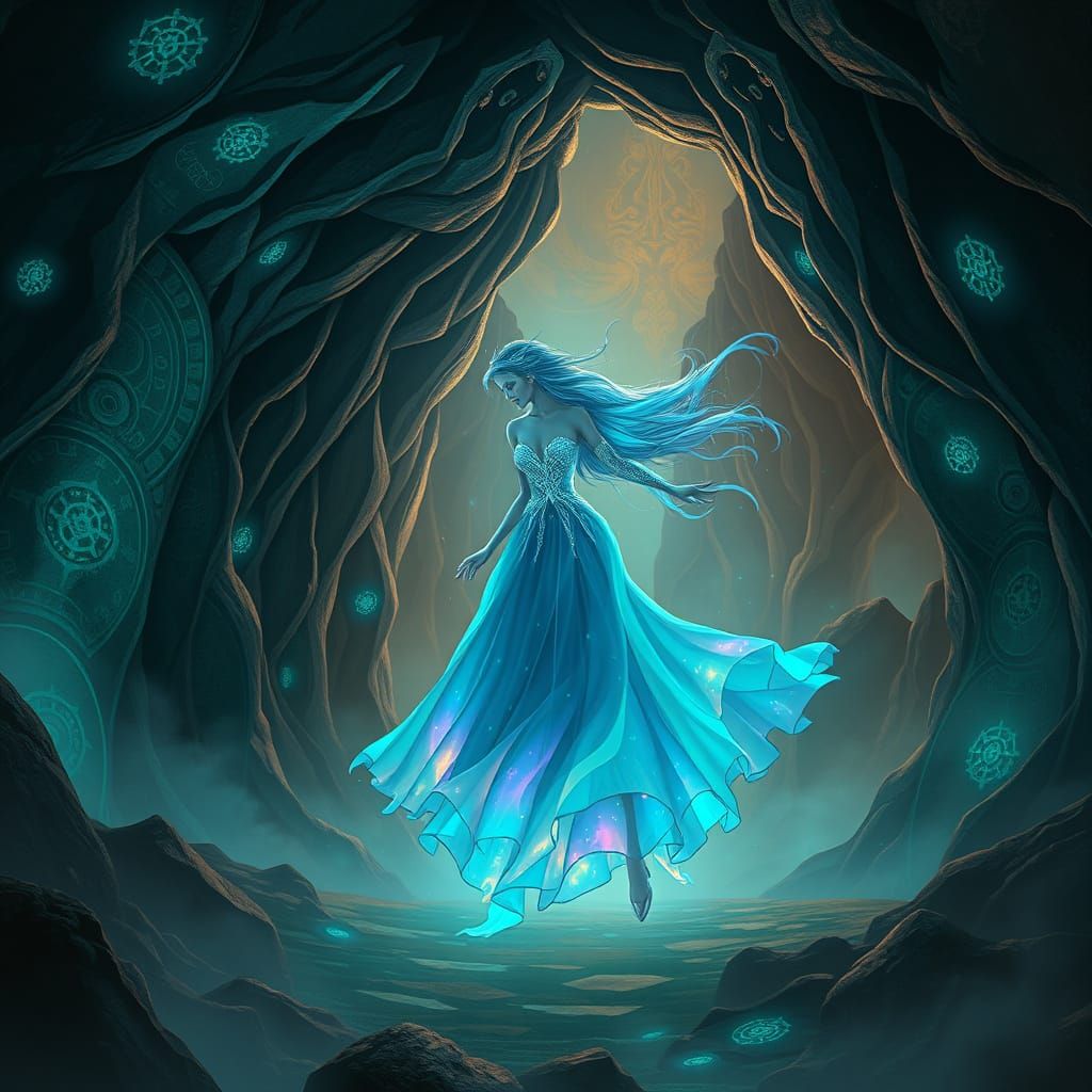 Bioluminescent Princess in Mystical Cavern, Digital Art