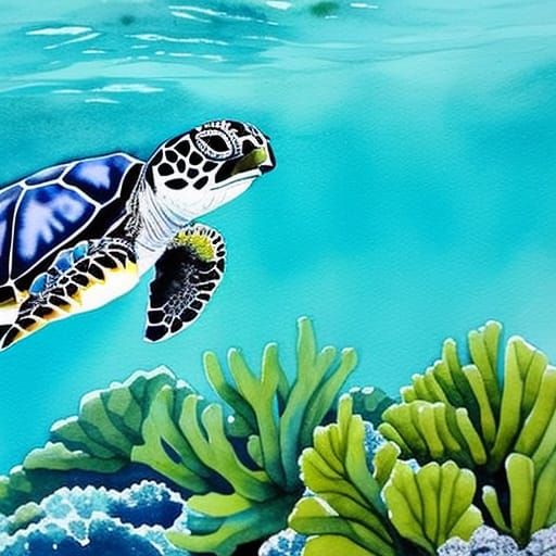 Watercolor Sea Turtle in Great Barrier Reef