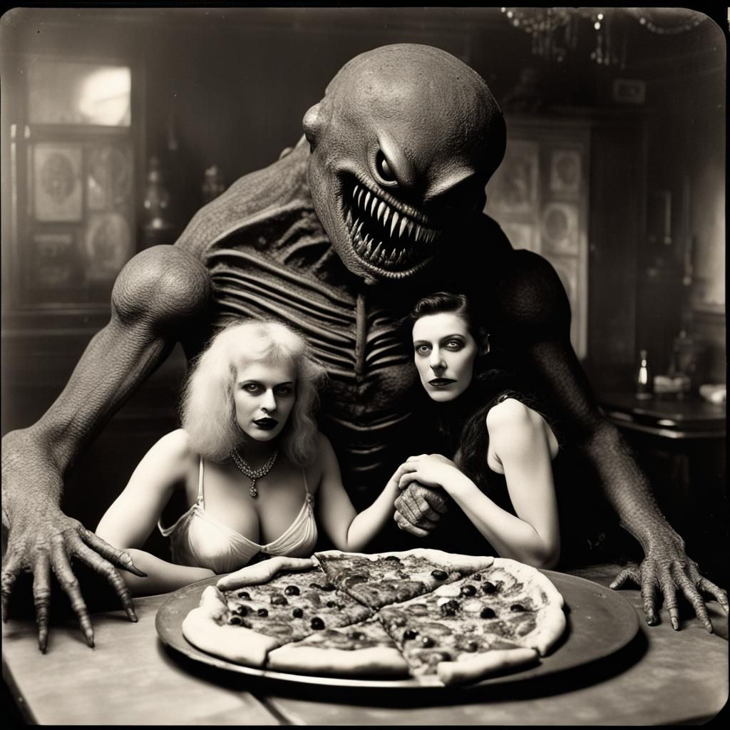 Early 1900s vintage photo of pin-up girls sharing a pizza with a monster
