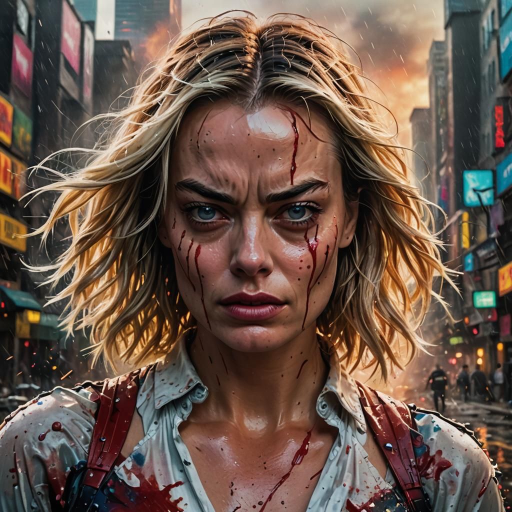 Furious Margot Robbie in Hyperrealistic Cityscape