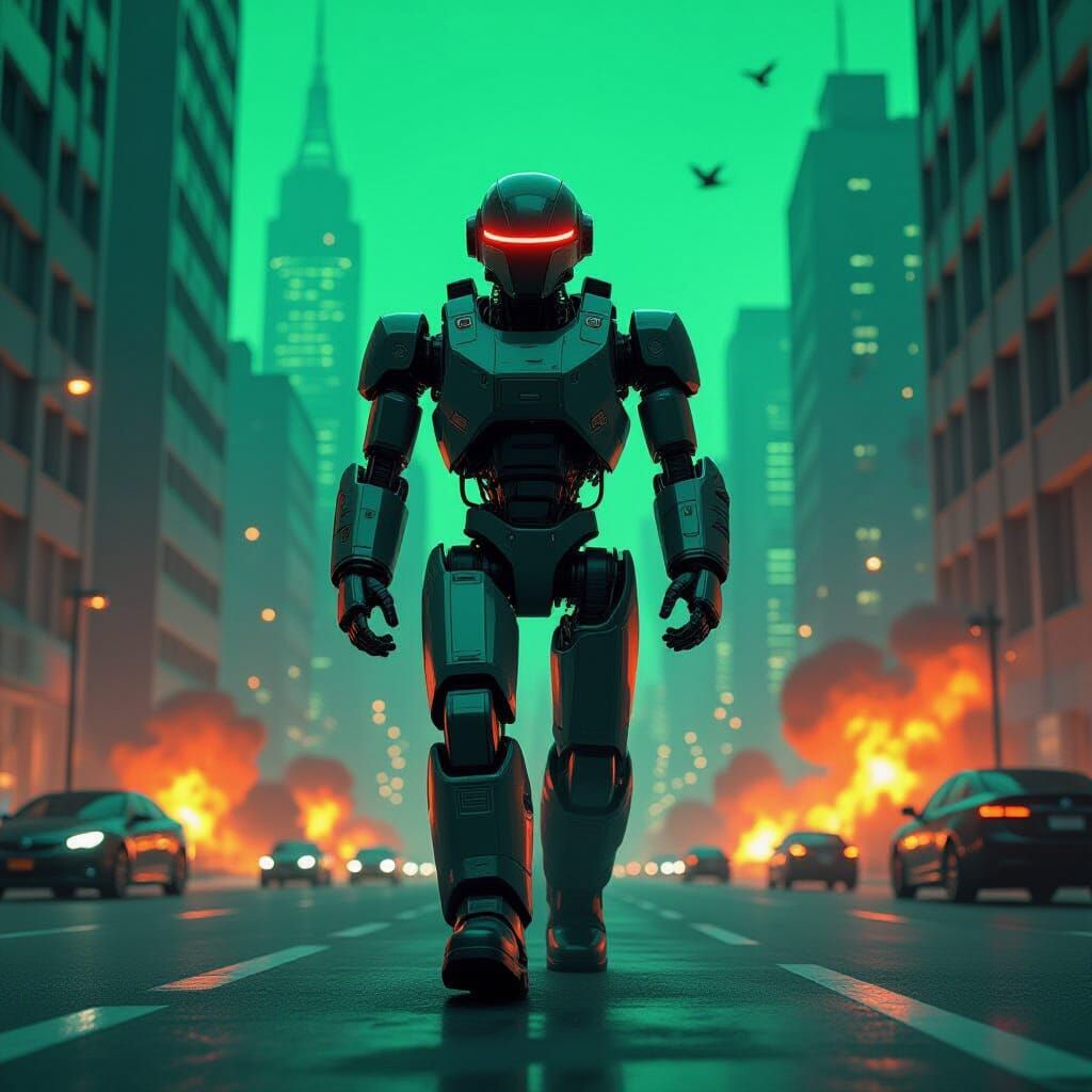 Dystopian Robot in Neon Cityscape, Futuristic Art