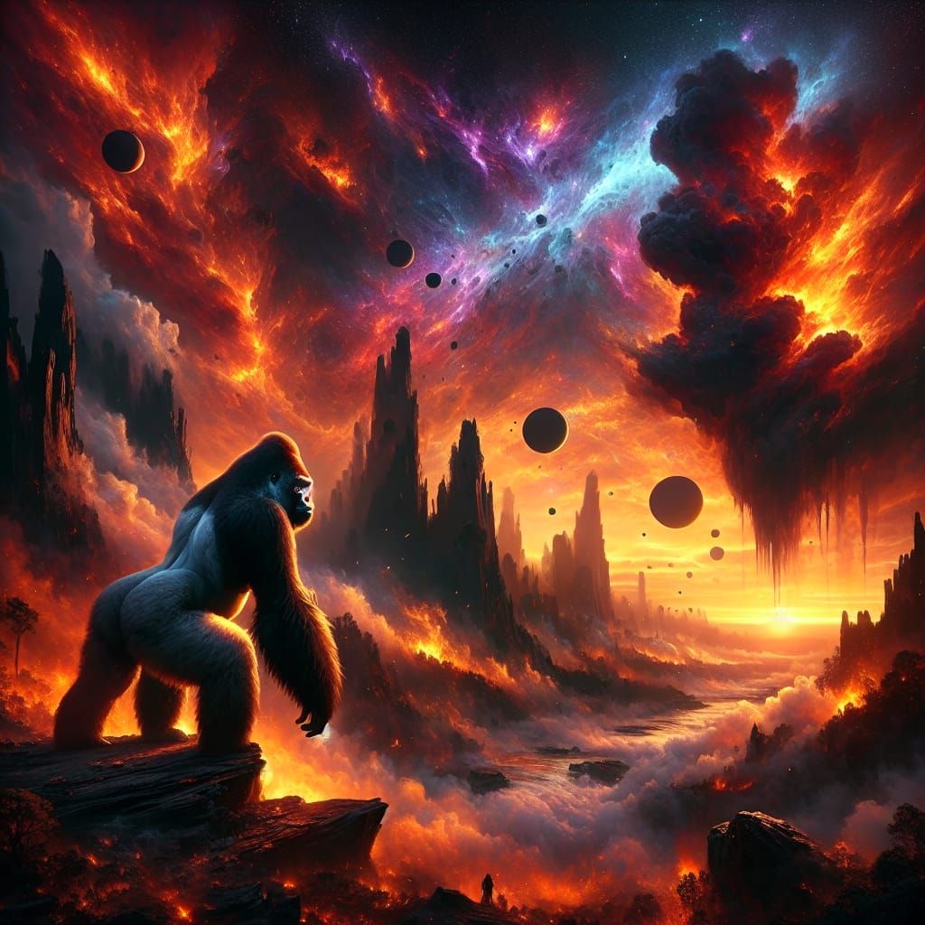 Majestic Gorilla Under Fiery Asteroid Sky Matte Painting