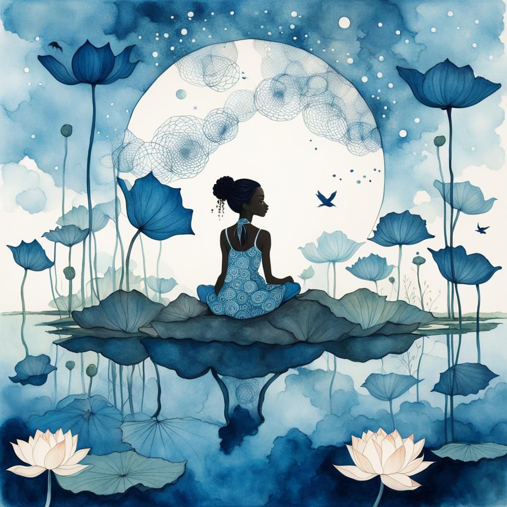 Ethereal Cyanotype Girl on Lotus Flower
