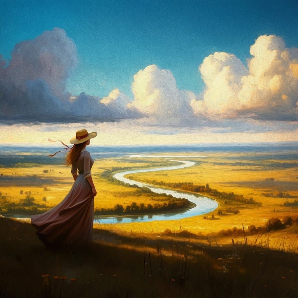Ethereal Landscape with Gazing Woman in Flowing Dress