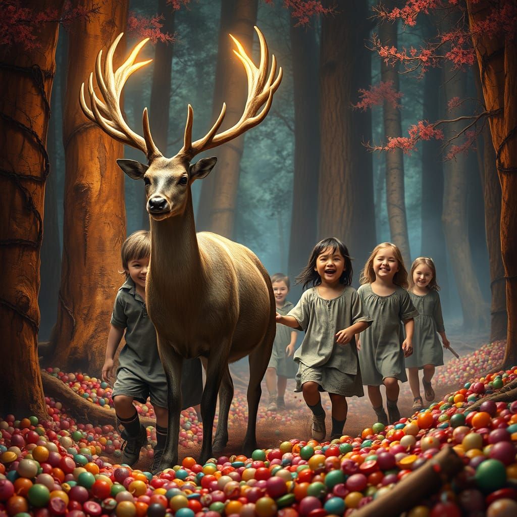 Mystical Deer Leads Children Through Candy Forest