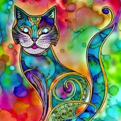 Cat Mermaid Alcohol Ink Art Nouveau Painting