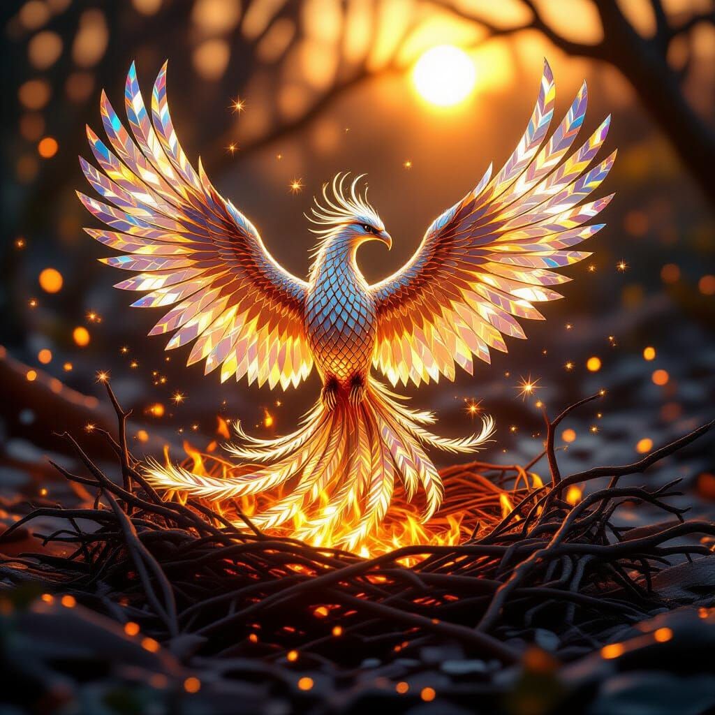 Diamond Phoenix Rises in Fiery Golden Hour