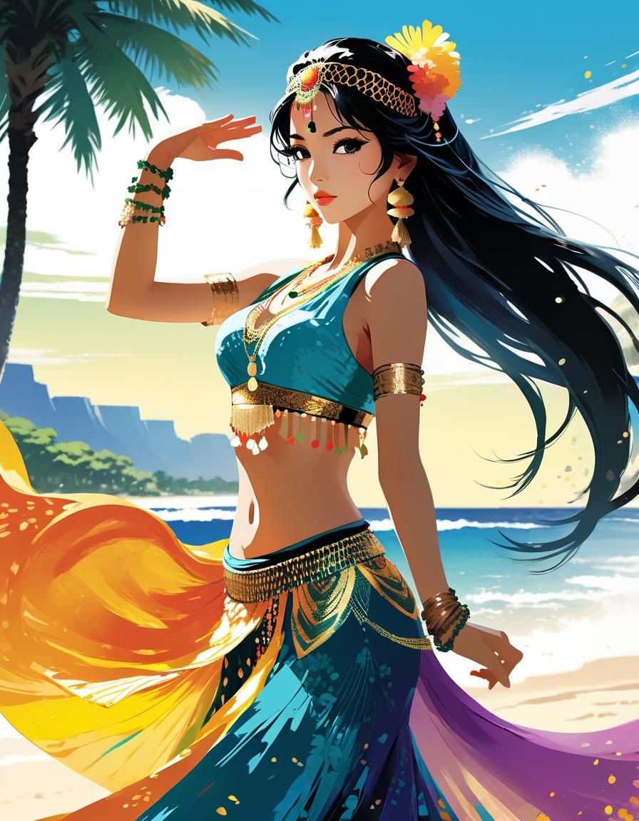 Exotic Belly Dancer in Anime Style Illustration