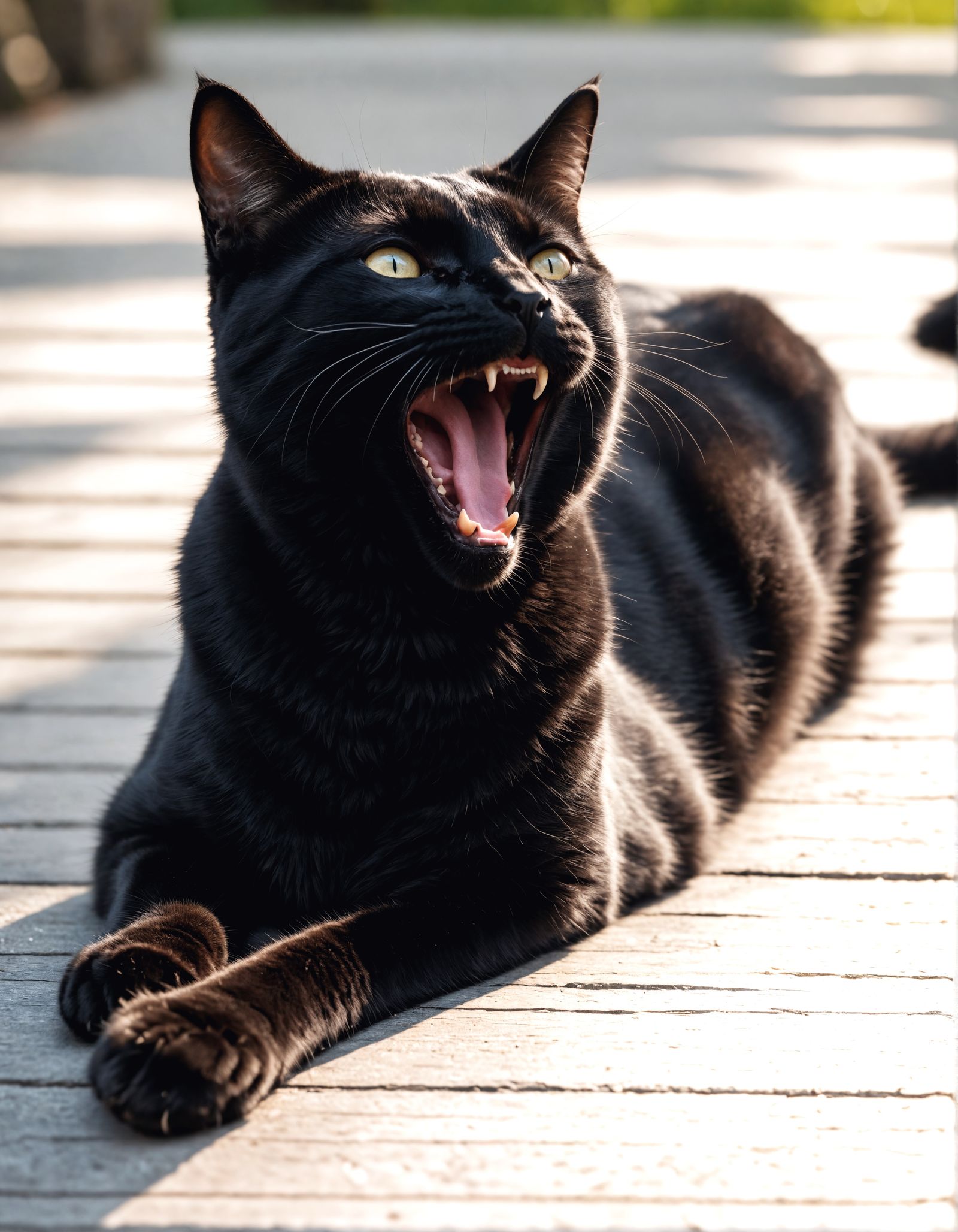 Yawning Black Cat in Hyperrealistic Detail