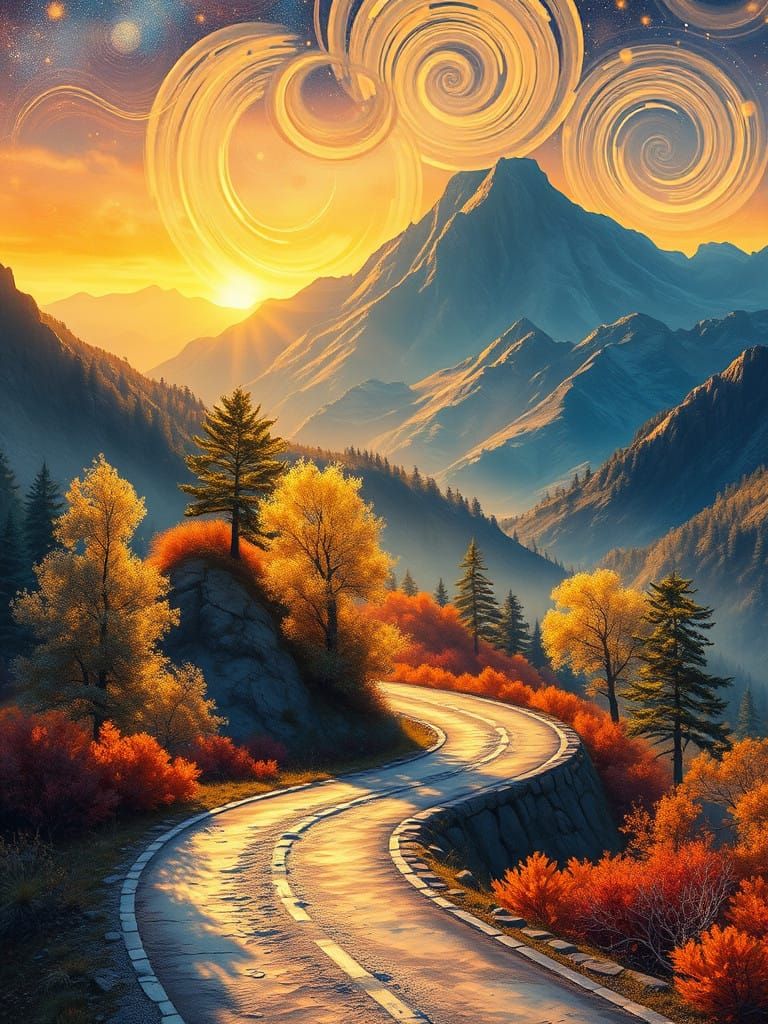 Ethereal Mountain Realm in Vibrant Van Gogh Style