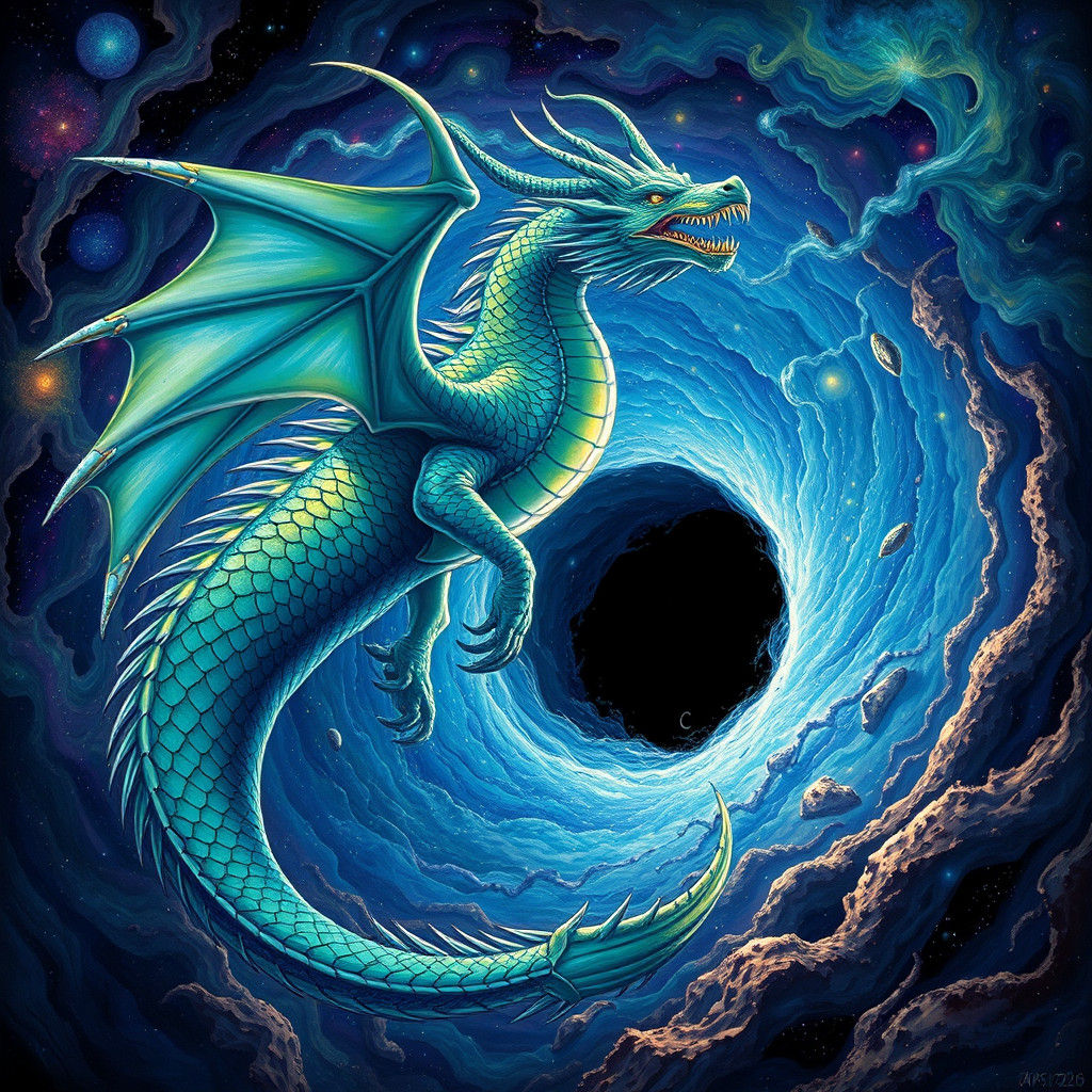 Dragon Enters Black Hole in Visionary Art Style